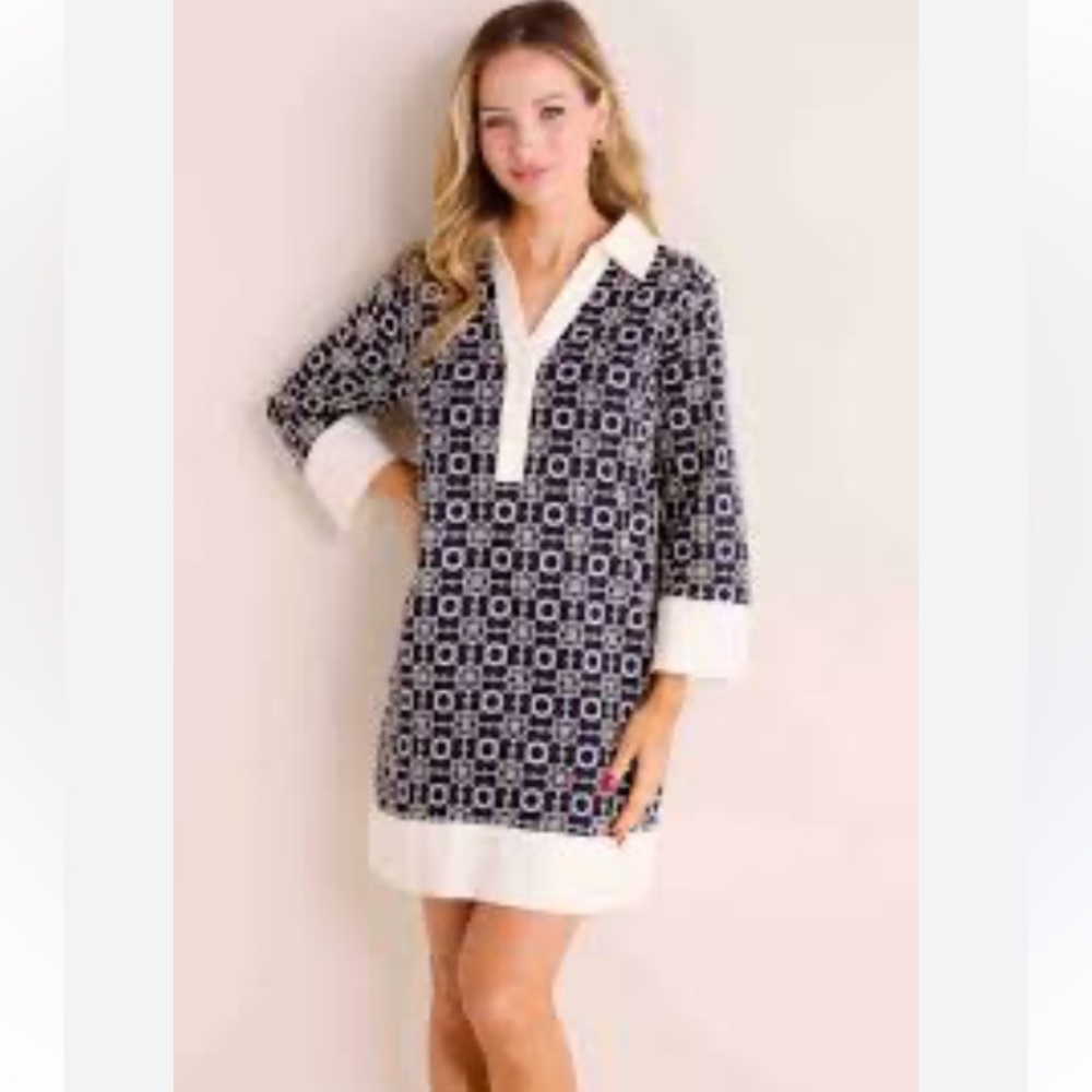 Geometric Patterned Navy and White Dress